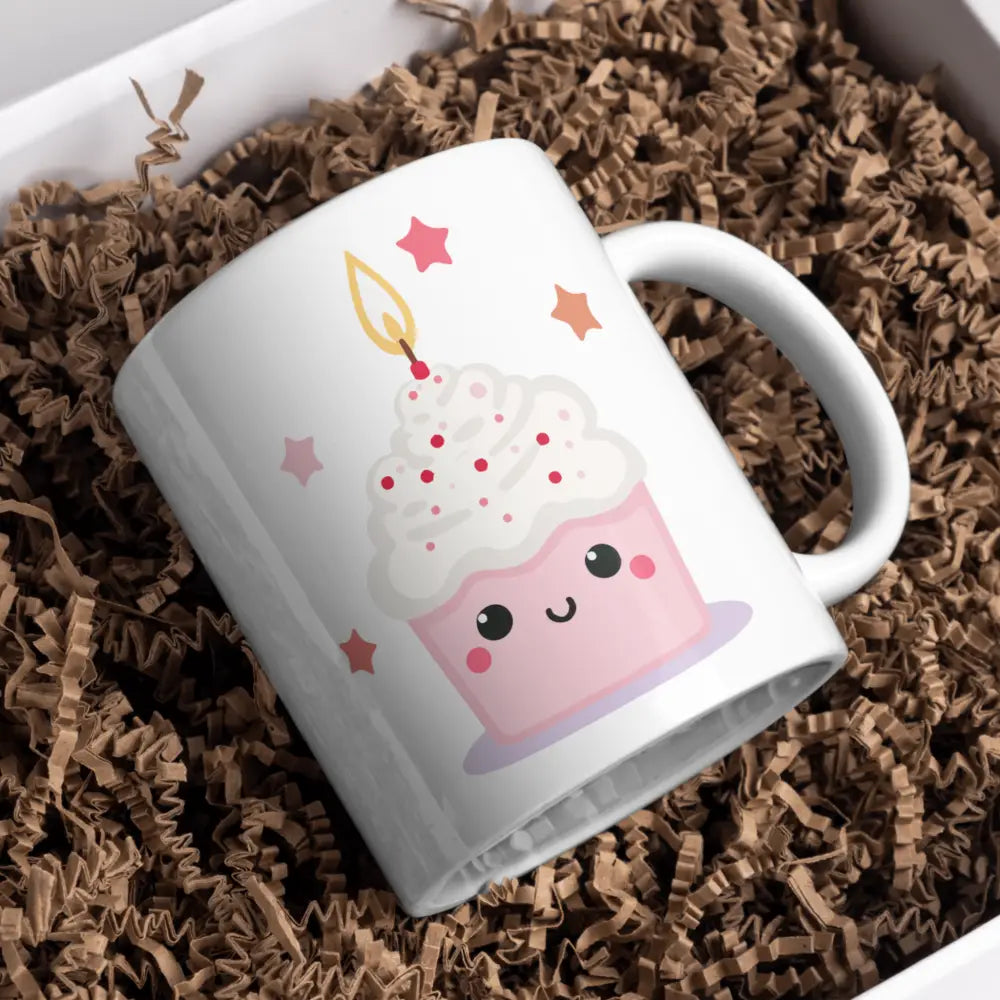 Mug céramique anniversaire kawaii cupcake mignon — tasse fête illustrée artisanale Made in France