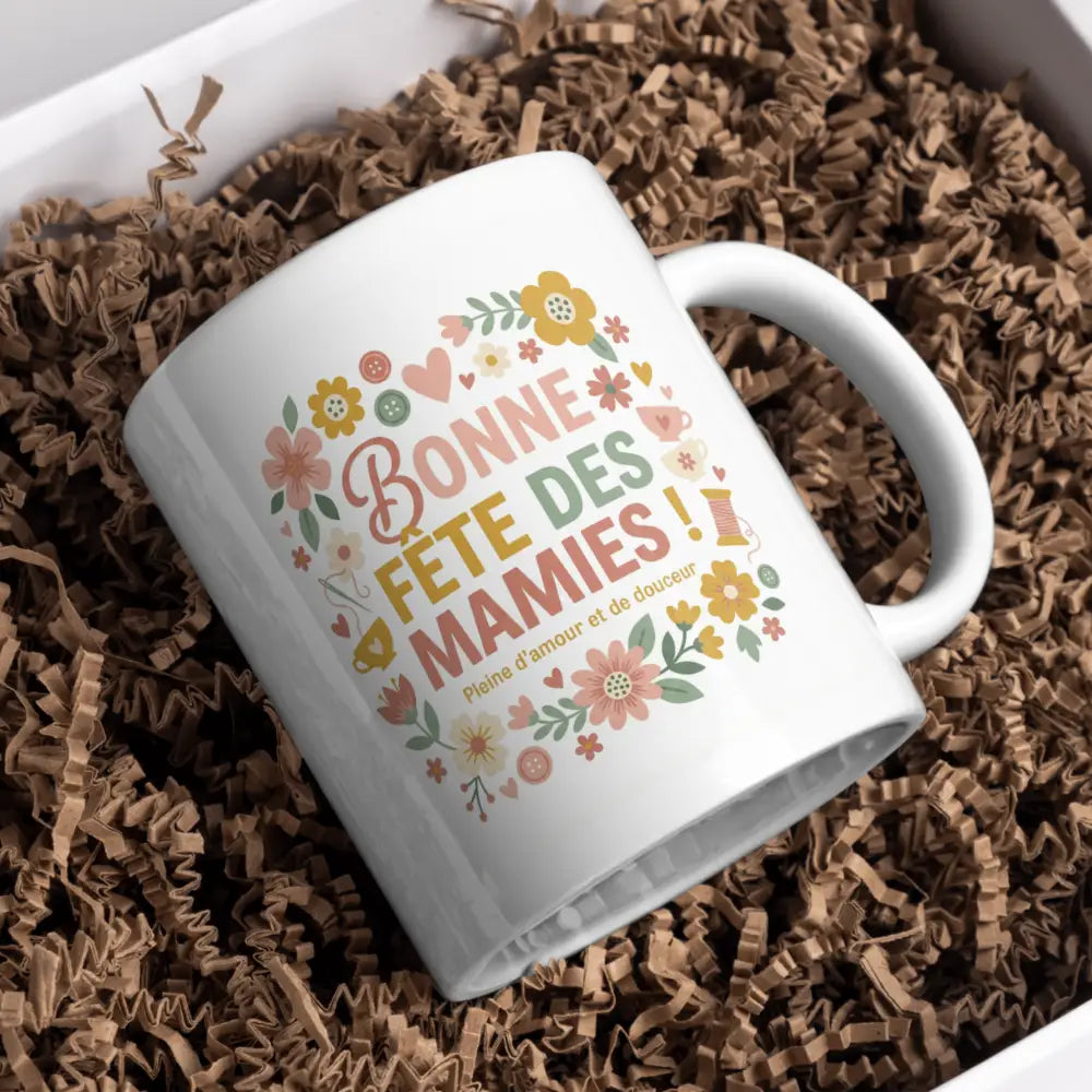 Tasse cadeau mamie vue de face — mug grand-mère floral céramique 330 ml nord de France