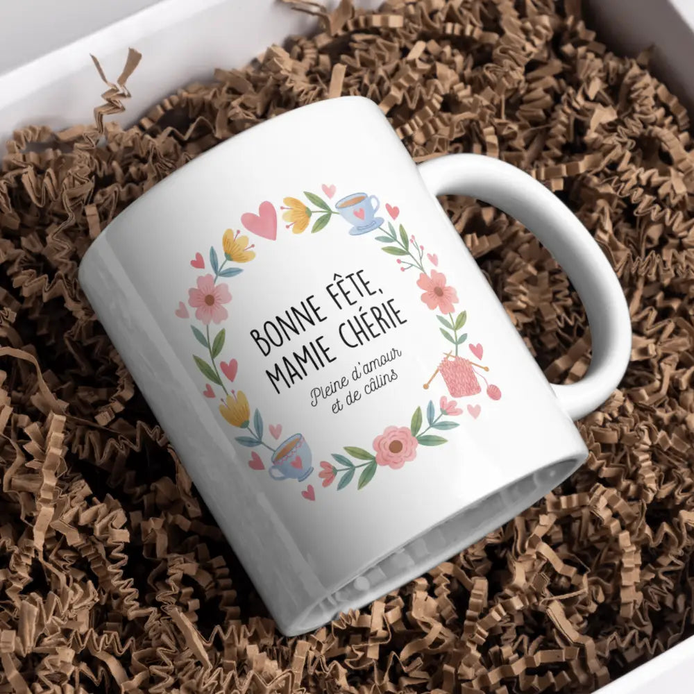 Tasse cadeau mamie vue de face — mug grand-mère floral céramique 330 ml nord de France