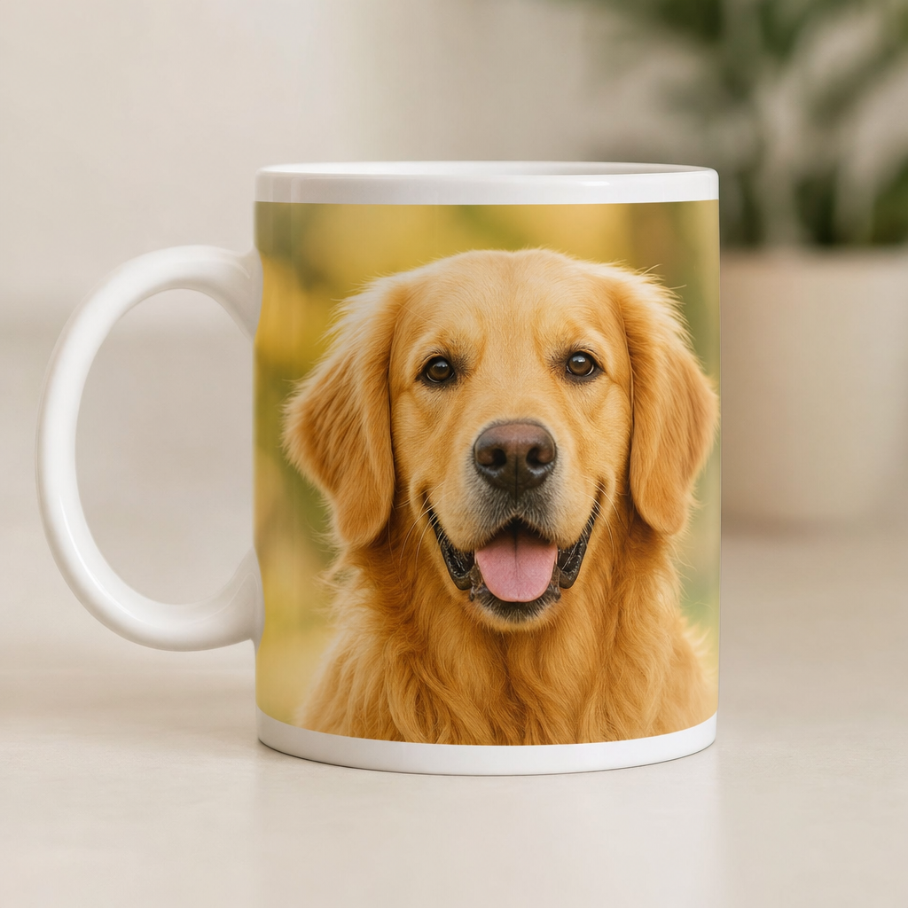 Mise en situation : mug en céramique blanche 330 ml imprimé avec la photo d'un chien