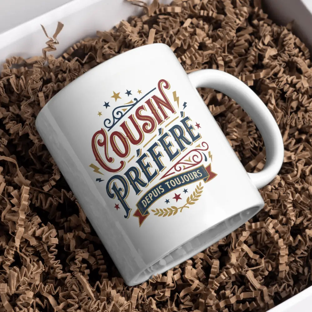 Tasse cousin préféré - tasse cadeau rétro vue de face — mug céramique 330 ml nord de France
