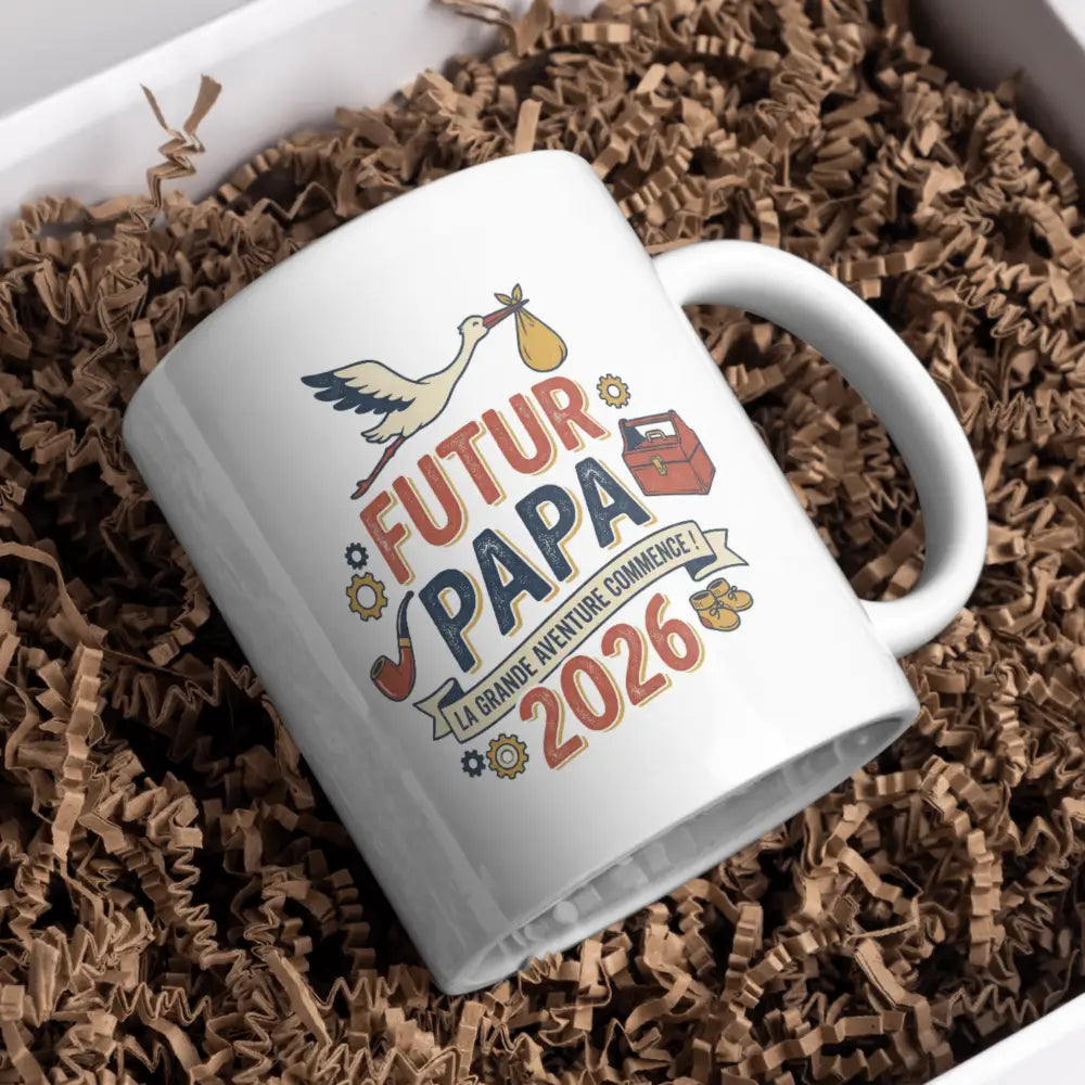 Tasse mug futur papa 2026 — la grande aventure vue de face — mug cadeau bébé en route céramique 330 ml