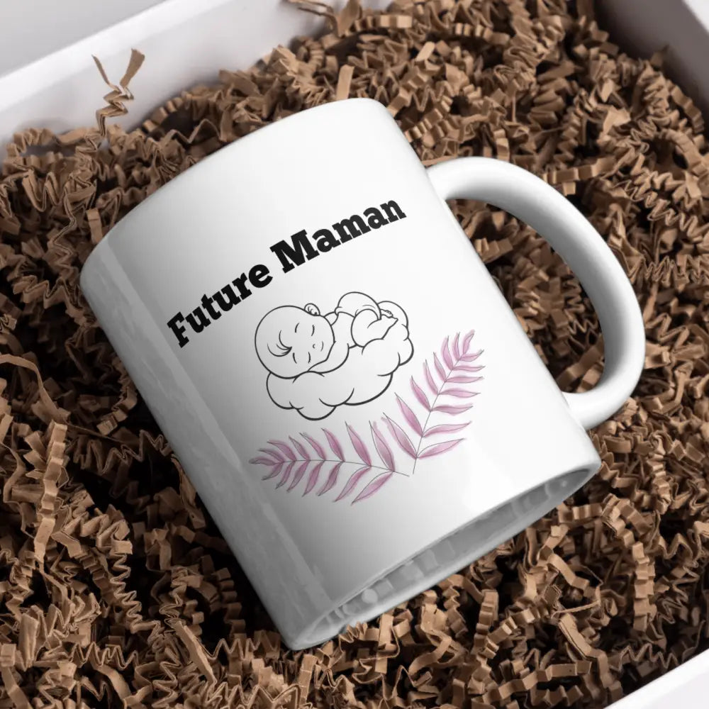 Tasse mug future maman bébé nuage et feuilles  vue de face — mug cadeau bébé en route céramique 330 ml
