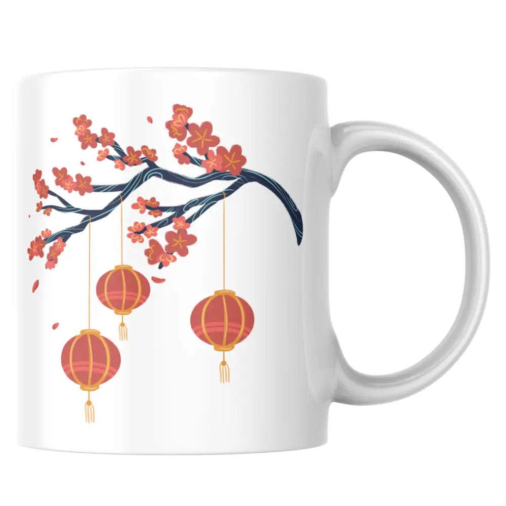 Mug céramique lanternes & fleurs de cerisier printanière — tasse illustrée artisanale Made in France