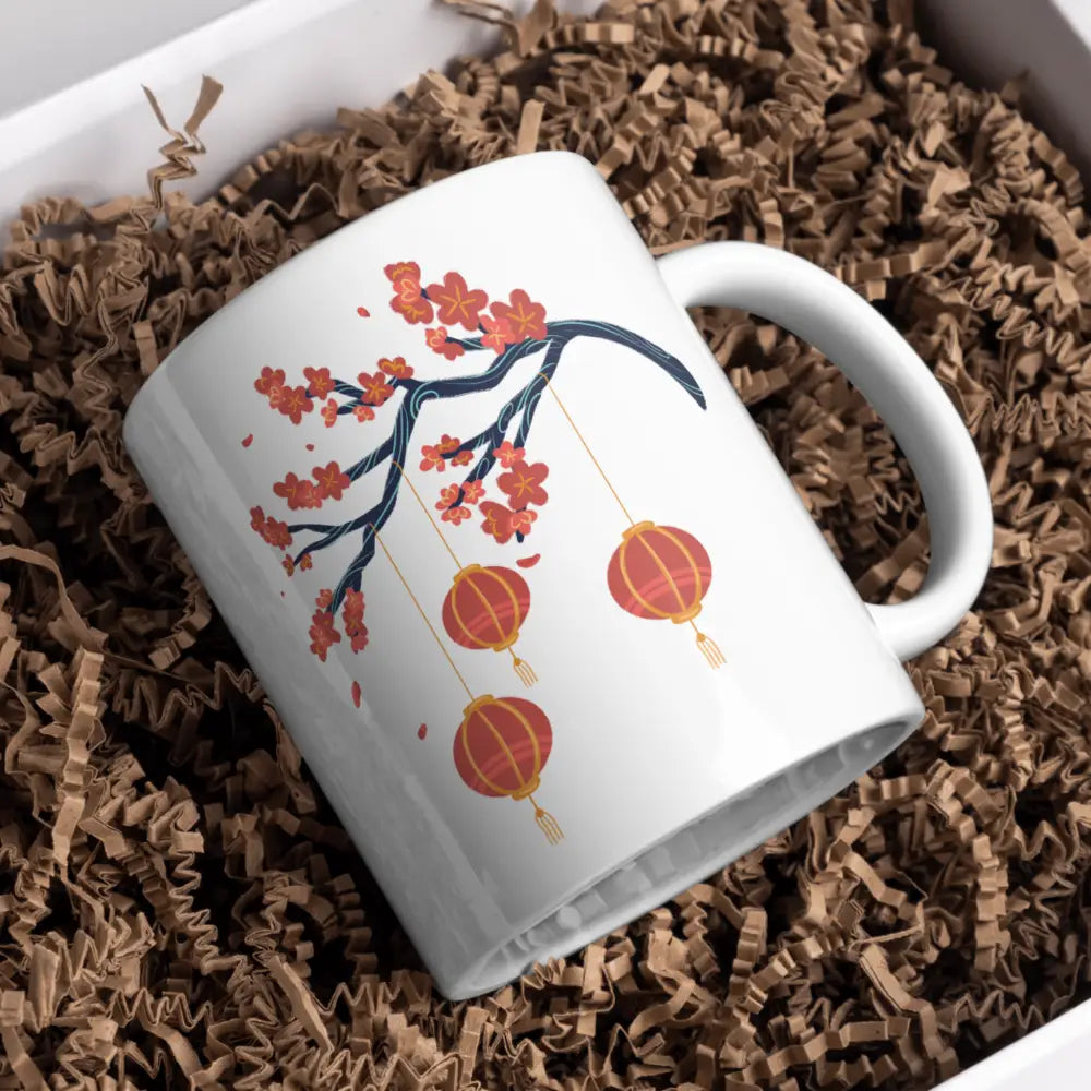 Tasse lanternes & fleurs de cerisier printaniè vue de face — mug céramique 330 ml nord de France