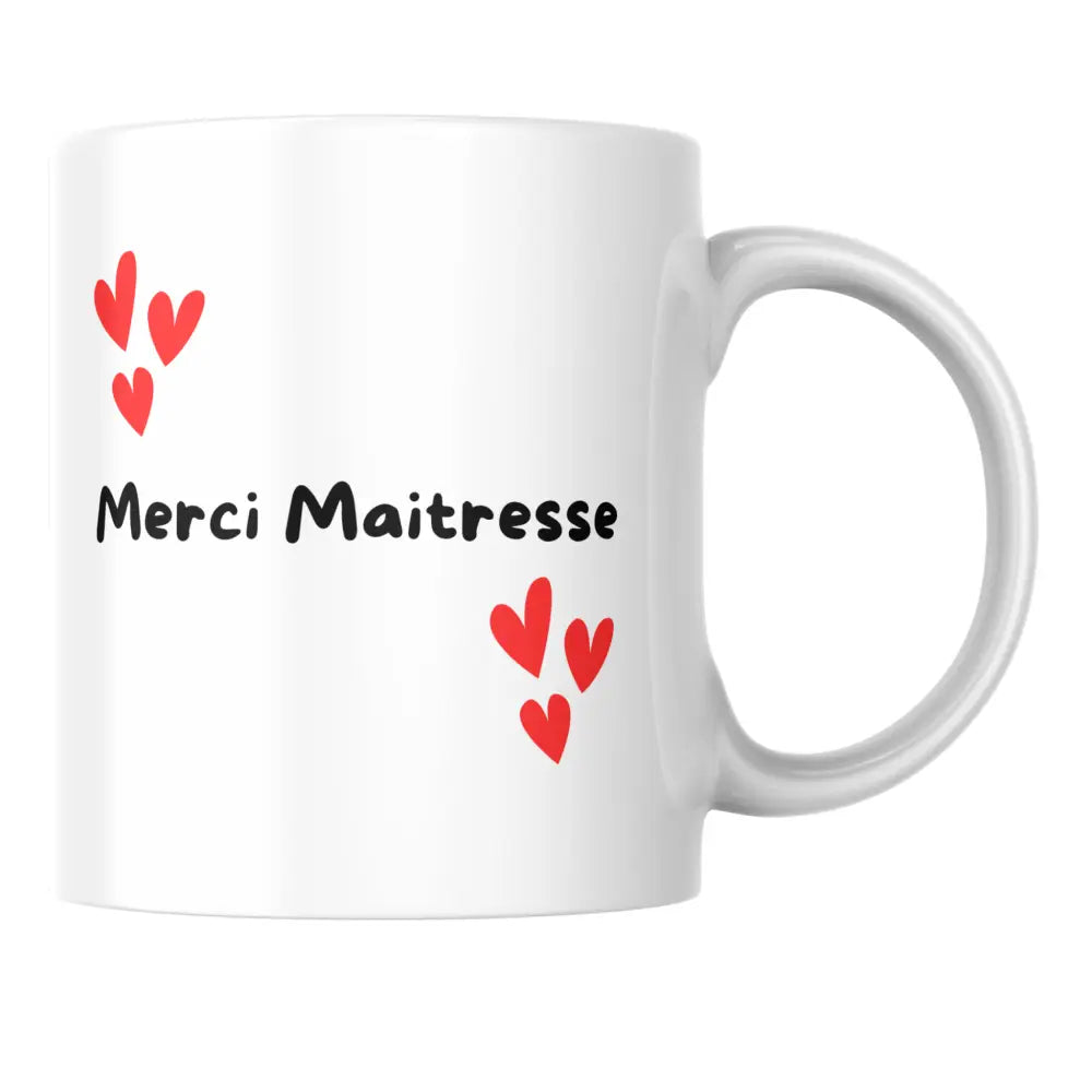 Mug céramique maîtresse merci – tasse céramique avec cœurs rouges — tasse illustrée artisanale Made in France