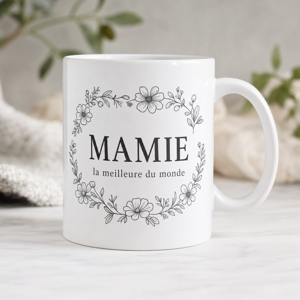 Mise en situation : mug personnalisé avec le texte « Mamie, la meilleure du monde » et un décor floral